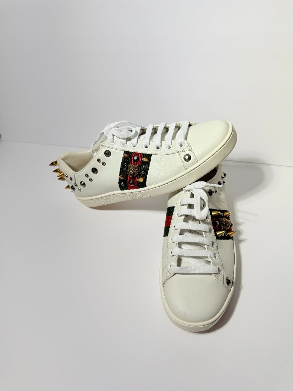 Gucci Ace Sneaker White Leather Spikes Feline Tiger Head Web Stripe Shoes